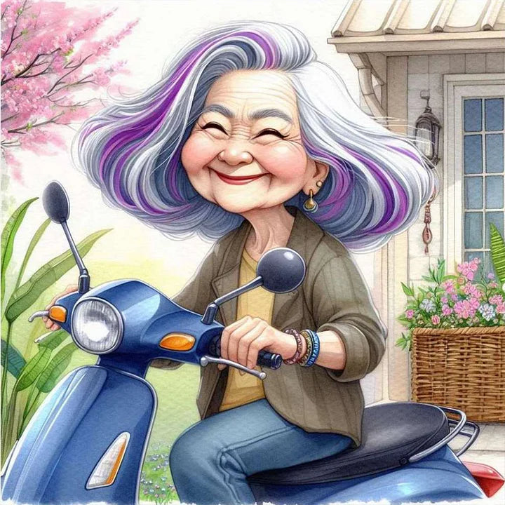 Happy Old Lady Riding A Bicycle