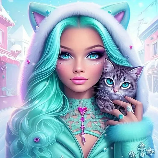 Turquoise Hair Girl And Her Cat