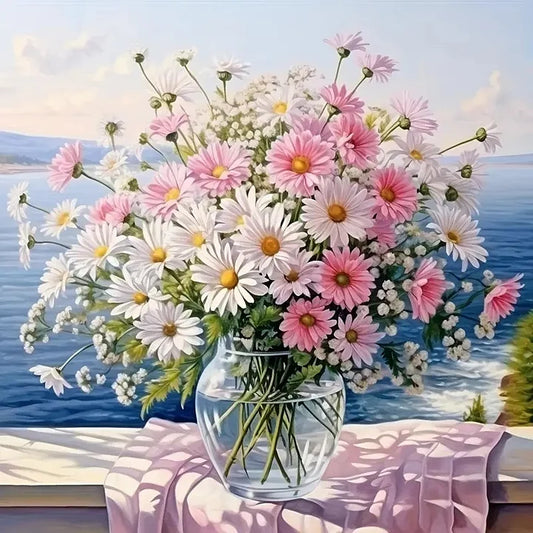 Pink and White Daisys Vase Overlooking The Sea