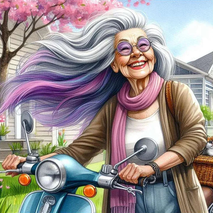 Happy Old Lady Riding A Bicycle