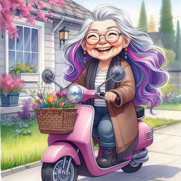 Happy Old Lady Riding A Bicycle