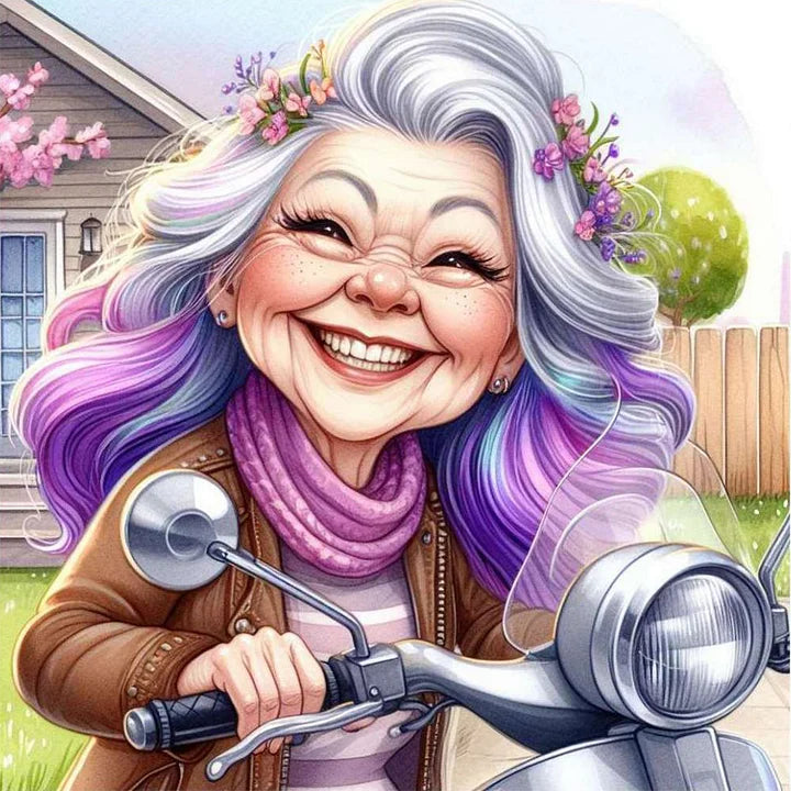 Happy Old Lady Riding A Bicycle