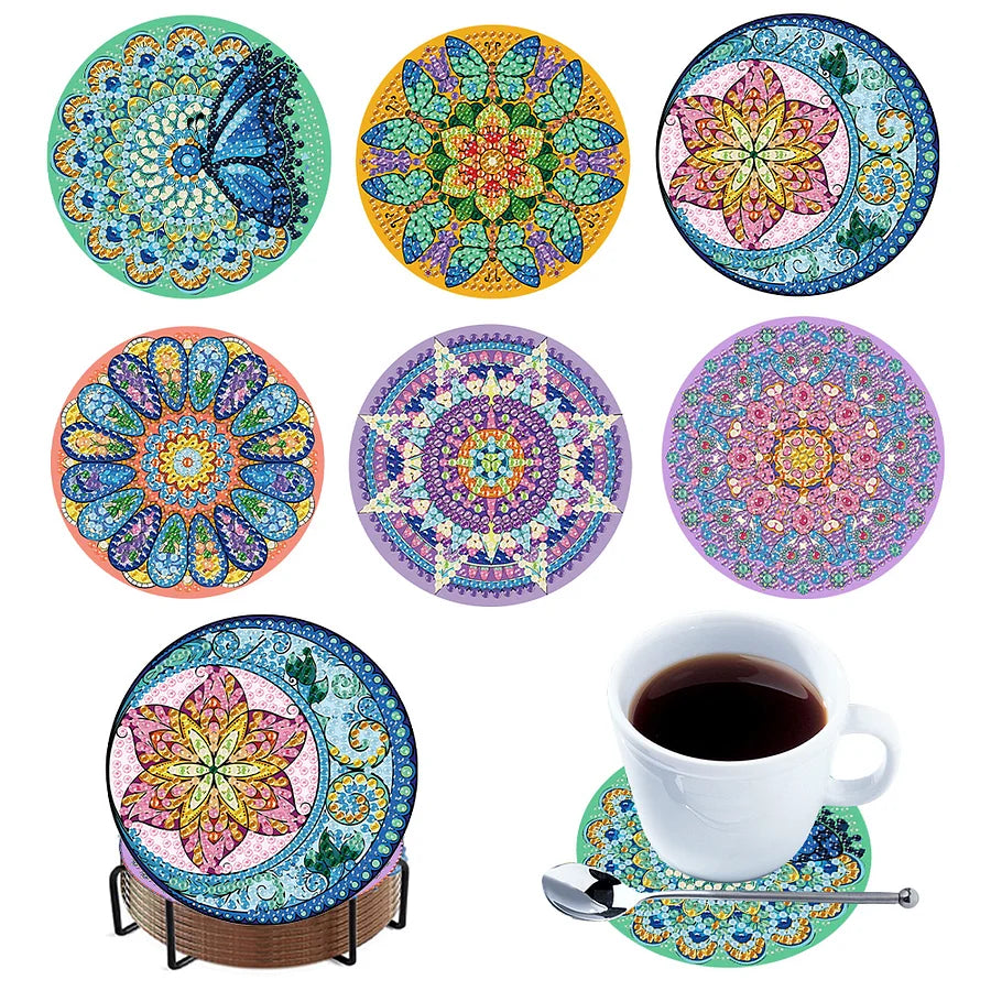 6Pcs Wooden Mandala DIY Diamond Painting Coaster Art Crafts with Storage Rack