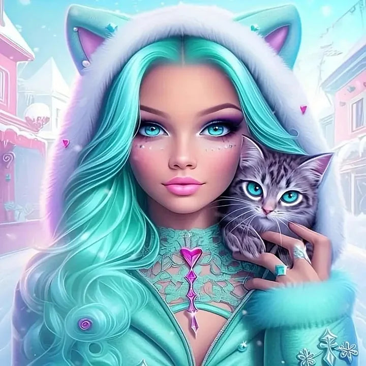 Turquoise Hair Girl And Her Cat