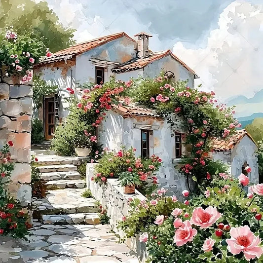 Pink Rose and Stone House 40*40cm(canvas) full round drill(30 colors) diamond painting