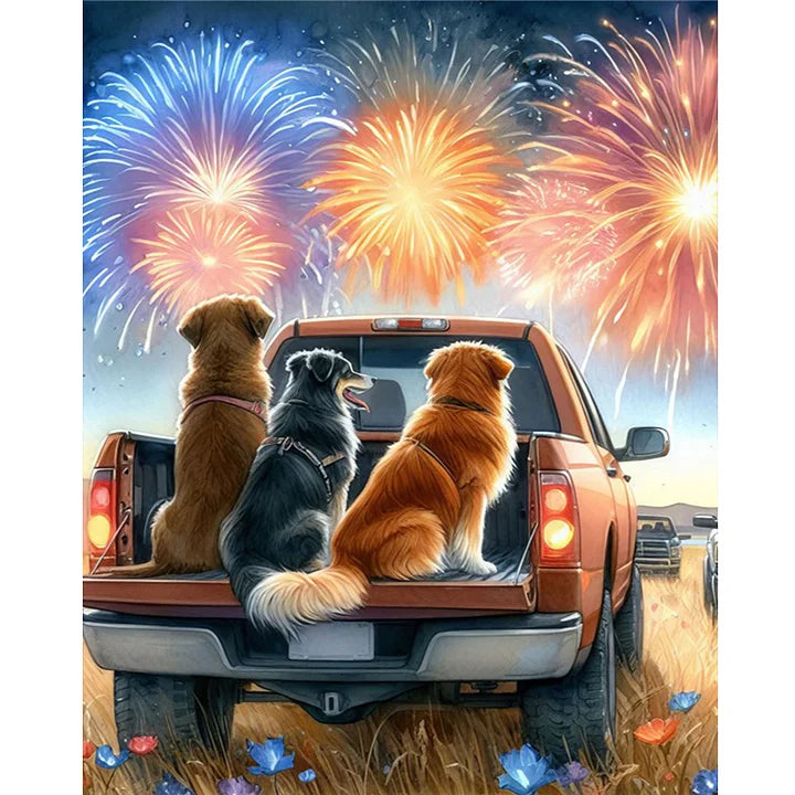 Dog In A Pickup Truck Watching Fireworks