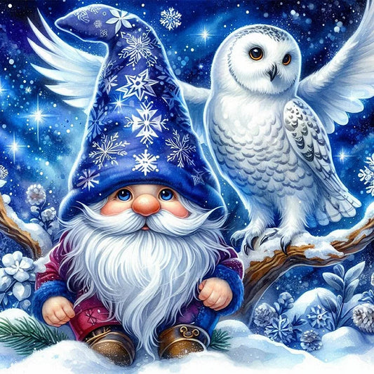 Blue Gnome With Two Feathered Owl