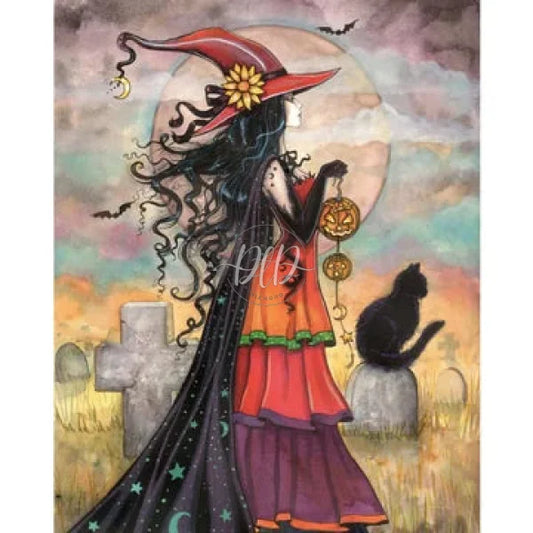 Halloween Witch Cat 30*40Cm(Canvas) Full Round Drill Diamond Painting