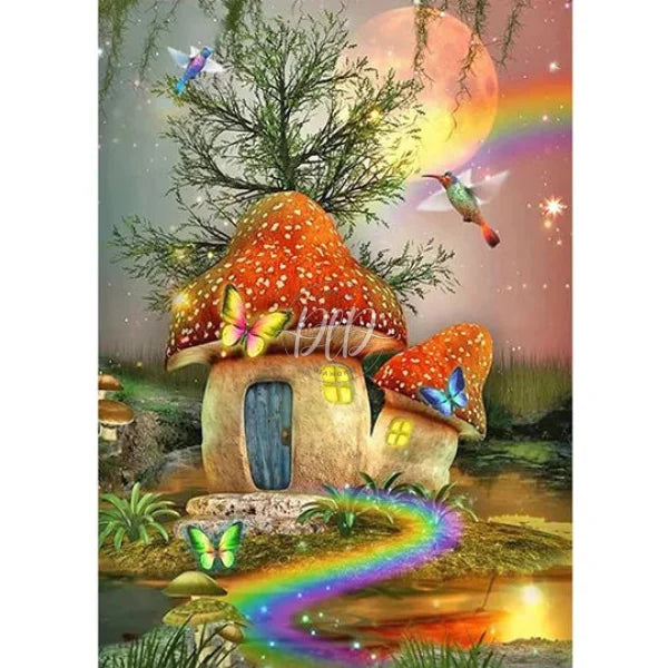 Rainbow Butterfly Mushroom House 30*40Cm(Canvas) Full Round Drill Diamond Painting