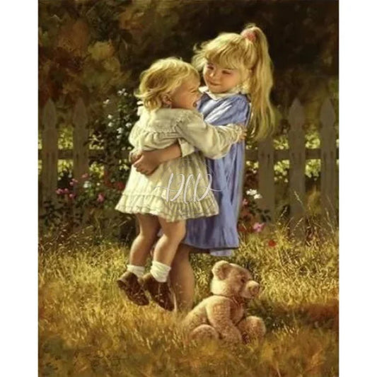Two Little Girls And Cartoon Bear